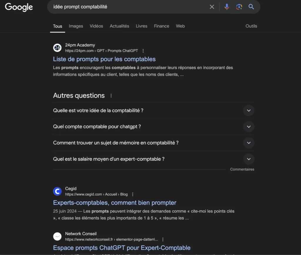 une capture d'écran des résultats google pour la recherche idée prompt comptabilité